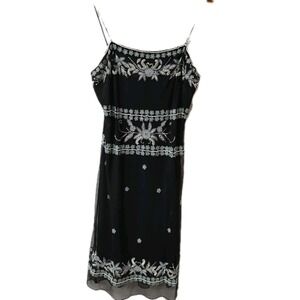 Vtg MARINA Long Black Dress BLUE BEADED WOMENS Sz 12 Elegant Castle Glam Evening